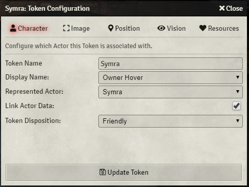 Token Configuration Character Tab