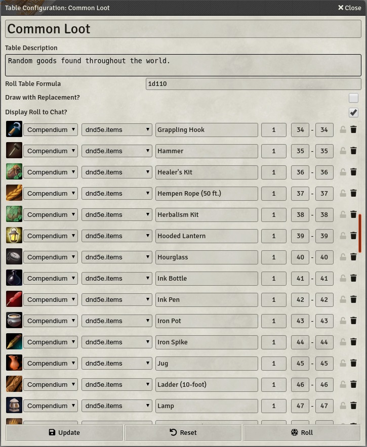 Roll Table Configuration