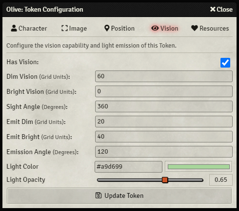 Token Configuration - Vision Tab