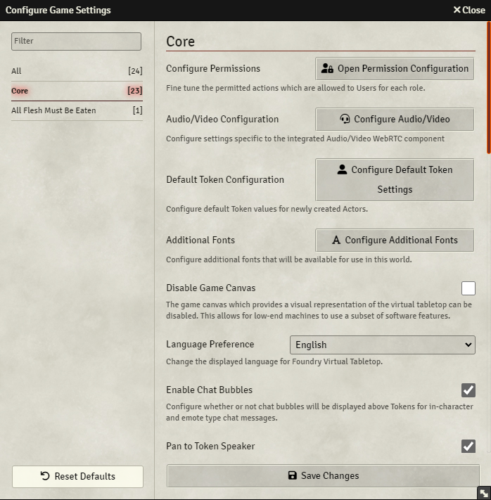 Game Settings - Configuration Game Settings Window