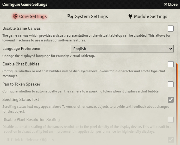 Game Settings - Configuration Settings Tabs