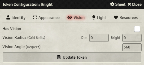 Token Configuration - Vision Tab