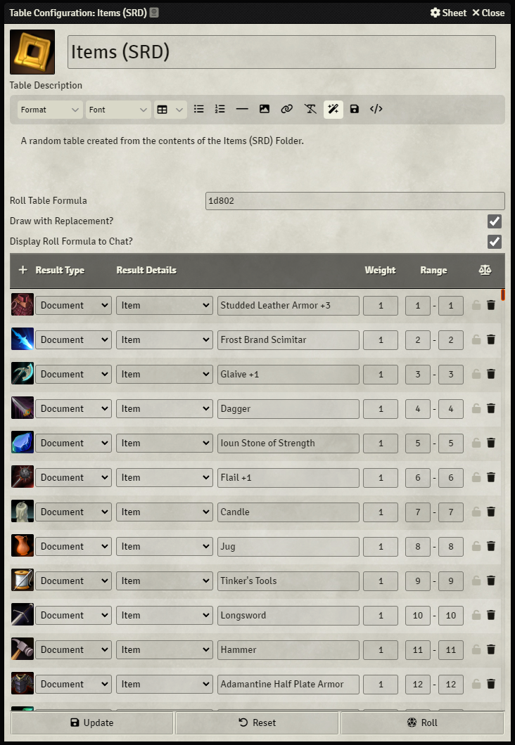 Rollable Table Configuration Menu